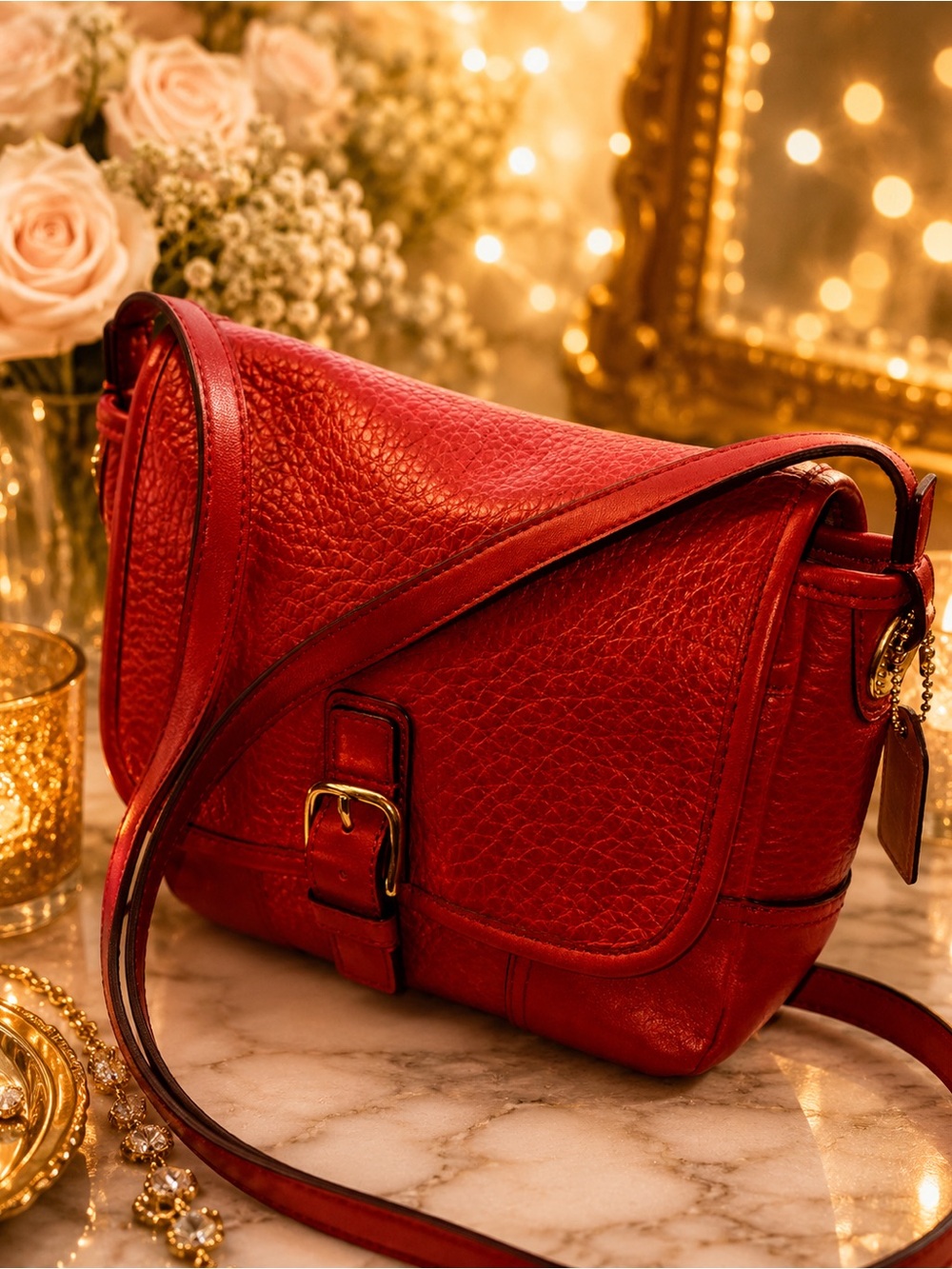 Coach Red Pebbled Leather Crossbody Bag with Gold Hardware